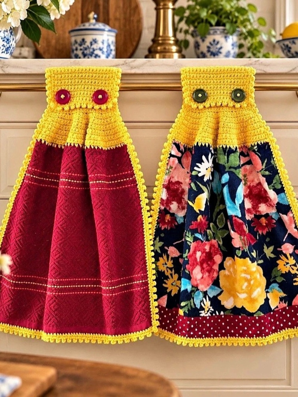 Artisan Handmade Crochet Kitchen Towels Set of 2 Cranberry Red Navy Floral